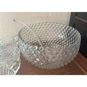 Vintage Duncan Miller Clear Bubble Glass Hobnail Punch Bowl 12 Cups & Ladle MINT